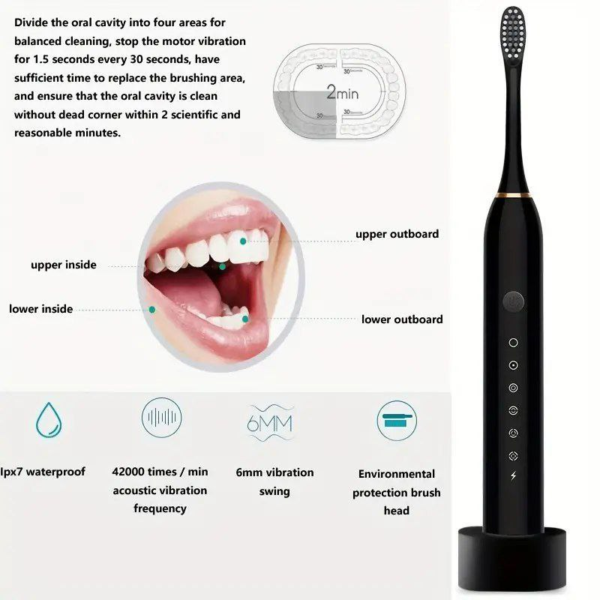 Cepillo de Dientes Eléctrico Recargable con 4 Cabezales – Potente, Portátil y 6 Modos de Limpieza - Imagen 4